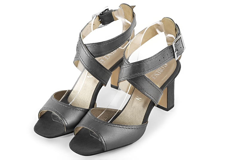 Dark grey women's open back sandals, with crossed straps. Square toe. High kitten heels. Front view - Florence KOOIJMAN